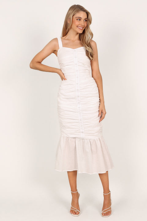 white ruffle midi dress Sierre Ruched Midi Dress - White