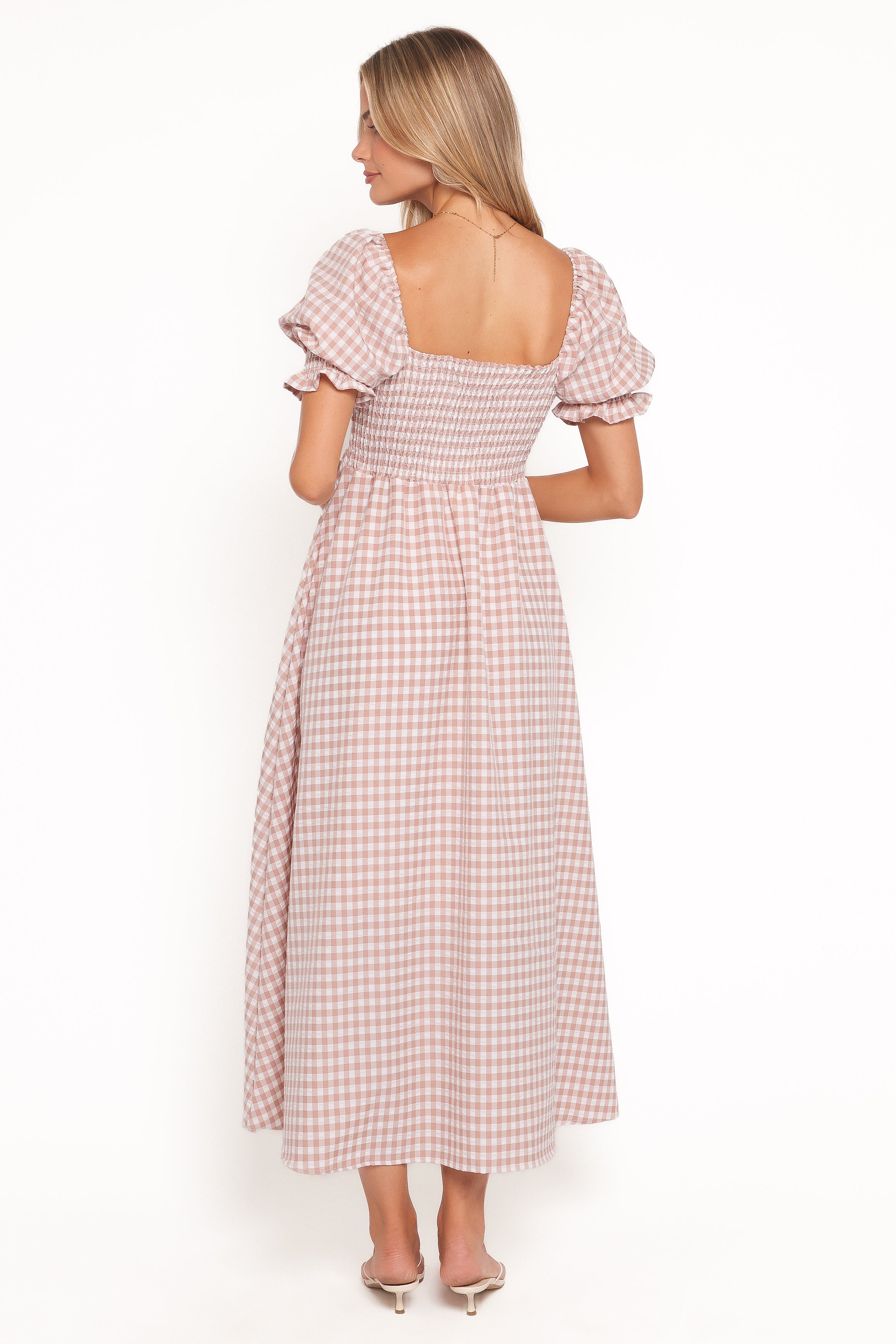 Petal and Pup USA DRESSES Siun Short Sleeve Midi Dress - Brown Gingham