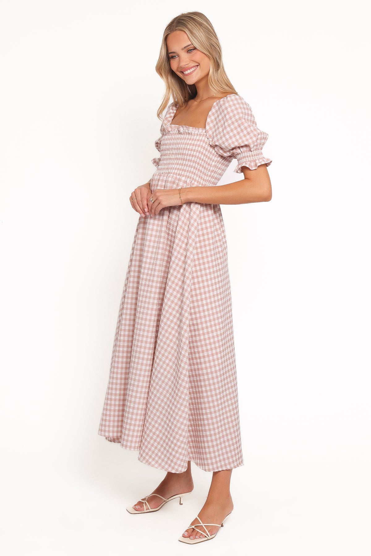 Siun Short Sleeve Midi Dress - Brown Gingham Siun Short Sleeve Midi Dress - Brown Gingham