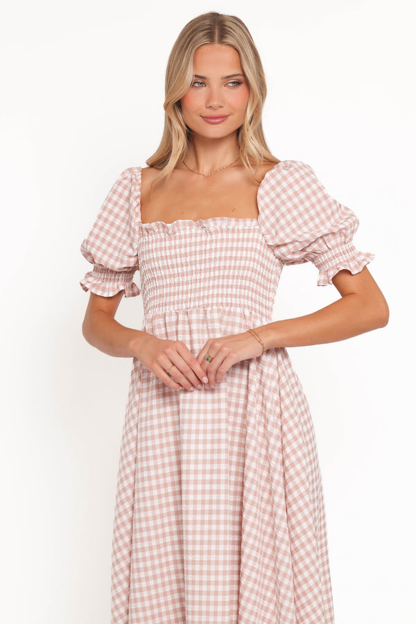 Petal and Pup USA DRESSES Siun Short Sleeve Midi Dress - Brown Gingham