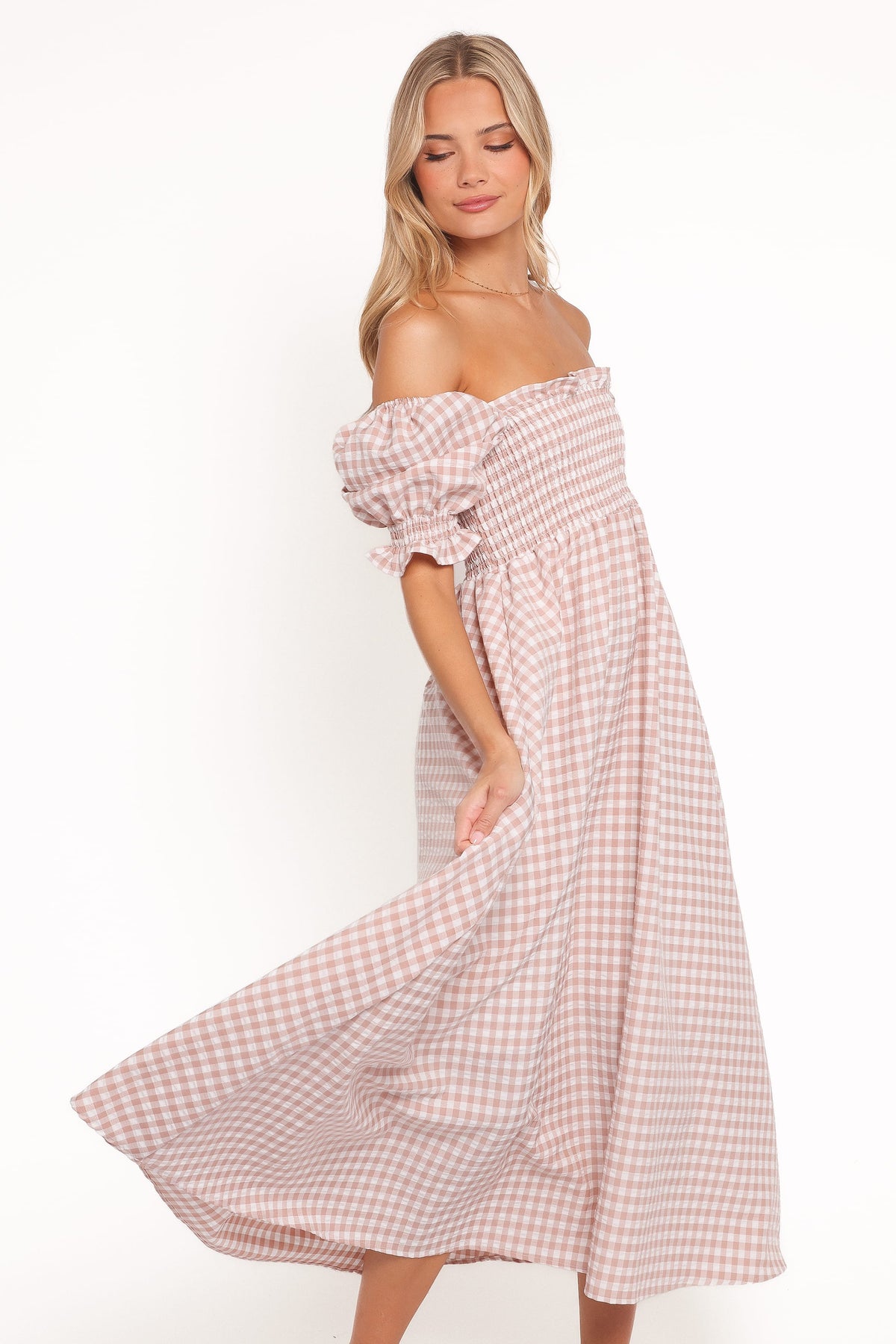 brown gingham puff sleeve dress Deja Dress in Mini Gingham Brown