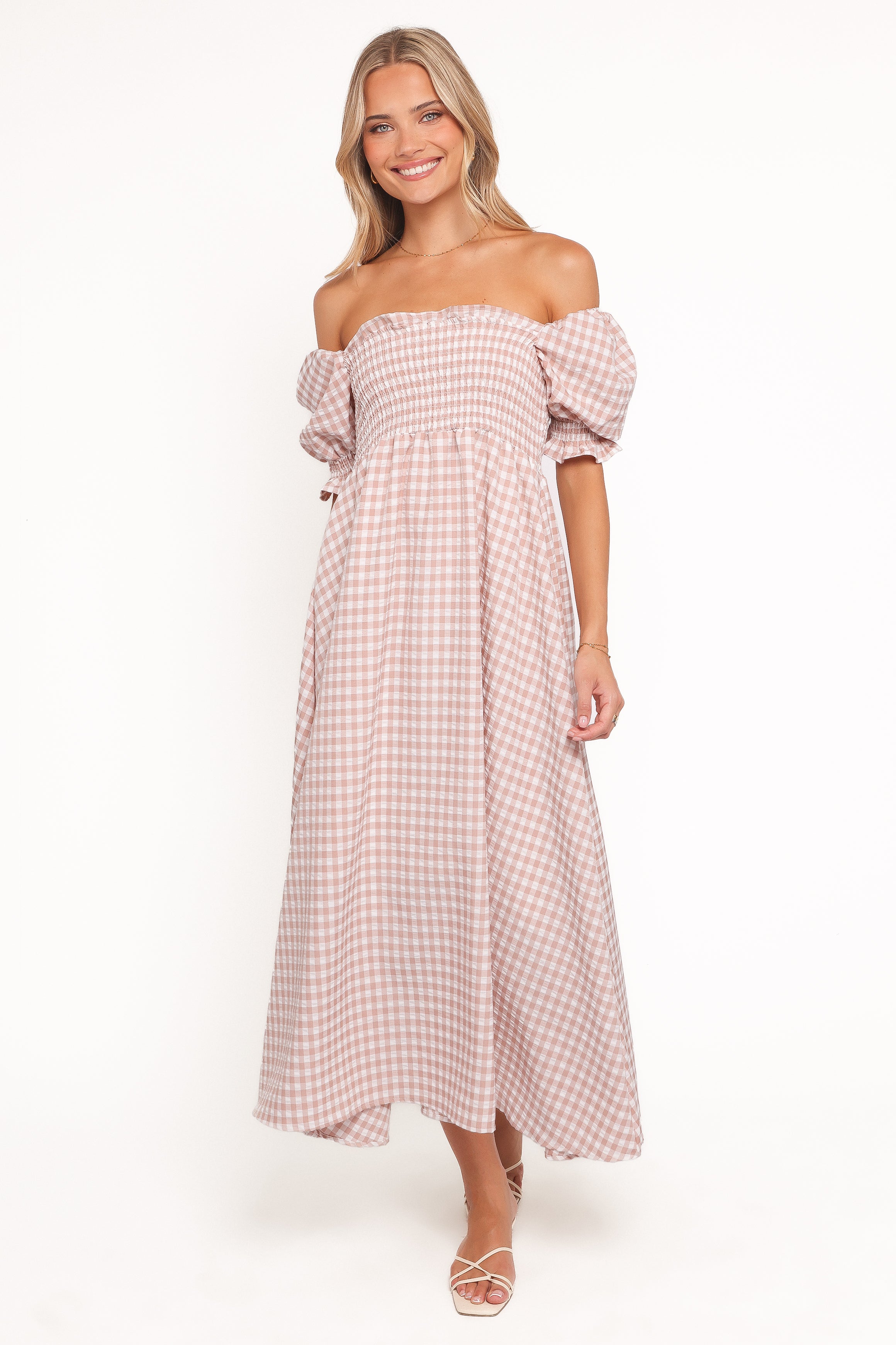 Petal and Pup USA DRESSES Siun Short Sleeve Midi Dress - Brown Gingham
