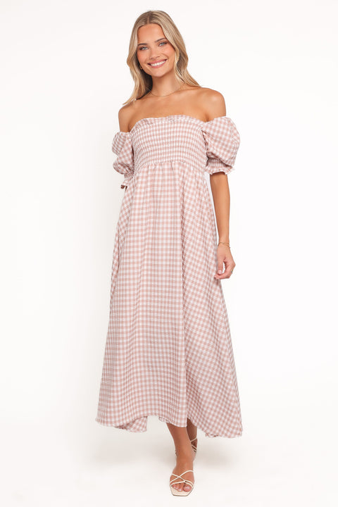 gingham off the shoulder midi dress Siun Short Sleeve Midi Dress