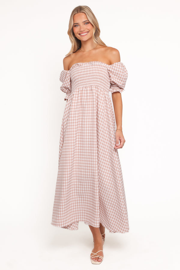 Petal and Pup USA DRESSES Siun Short Sleeve Midi Dress - Brown Gingham