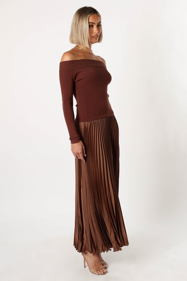 Petal and Pup USA DRESSES Slate Off Shoulder Pleated Midi Dress - Bronze