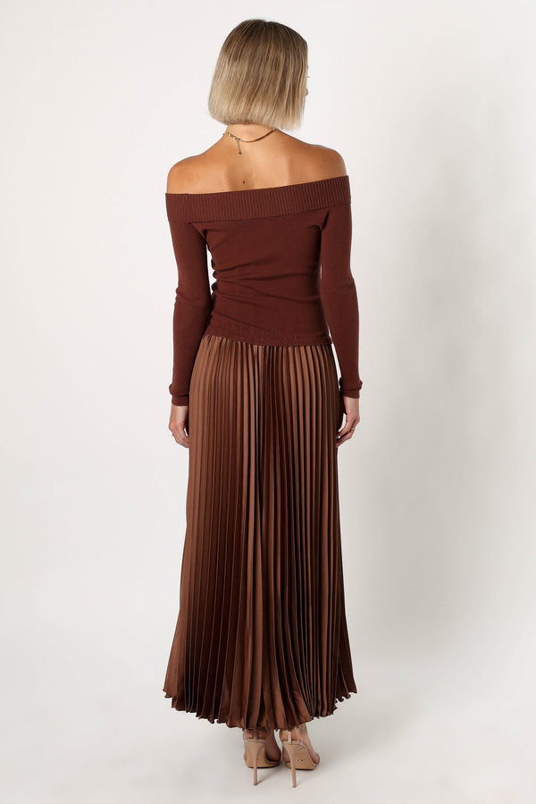 Petal and Pup USA DRESSES Slate Off Shoulder Pleated Midi Dress - Bronze