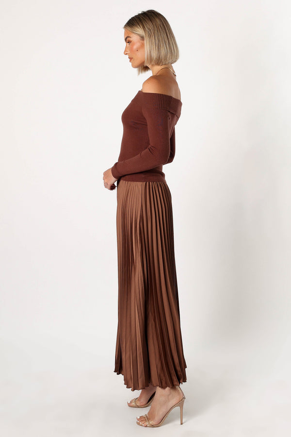 Petal and Pup USA DRESSES Slate Off Shoulder Pleated Midi Dress - Bronze