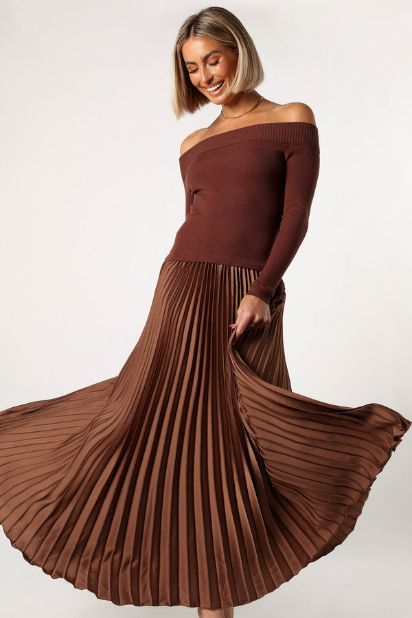 Petal and Pup USA DRESSES Slate Off Shoulder Pleated Midi Dress - Bronze