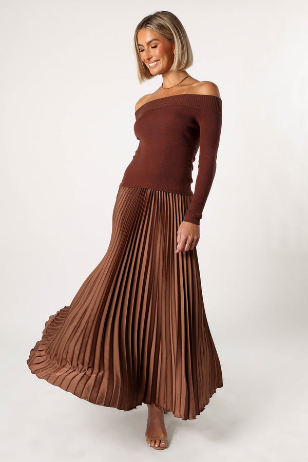 Petal and Pup USA DRESSES Slate Off Shoulder Pleated Midi Dress - Bronze