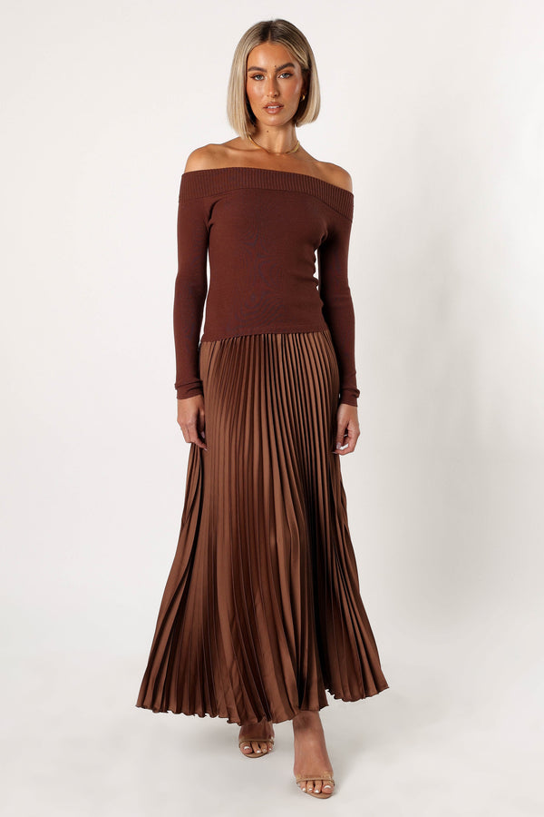 Petal and Pup USA DRESSES Slate Off Shoulder Pleated Midi Dress - Bronze