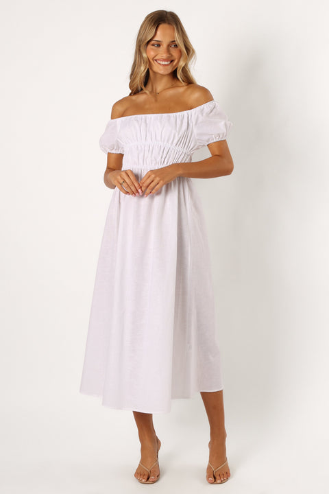 women's white goddess off the shoulder dress for roleplay Sofia Off Shoulder Maxi Dress