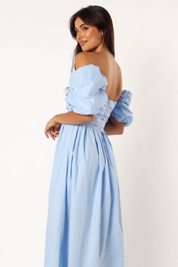 Petal and Pup USA DRESSES Solana Off Shoulder Midi Dress - Blue