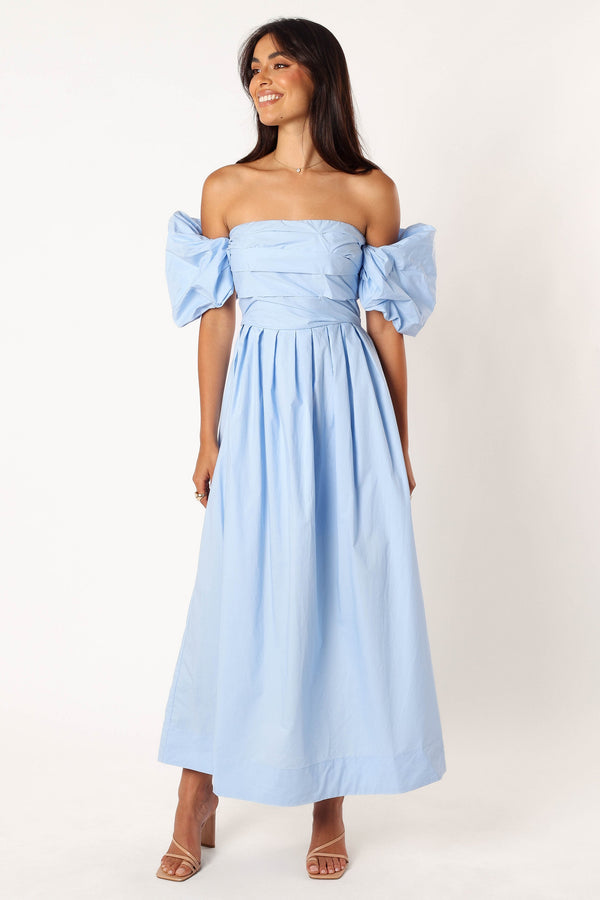 Petal and Pup USA DRESSES Solana Off Shoulder Midi Dress - Blue