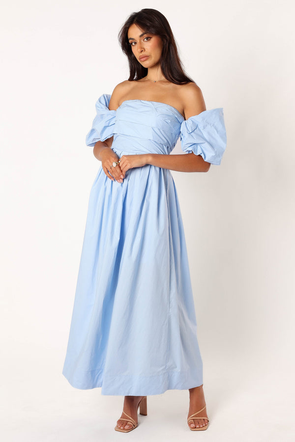 Petal and Pup USA DRESSES Solana Off Shoulder Midi Dress - Blue