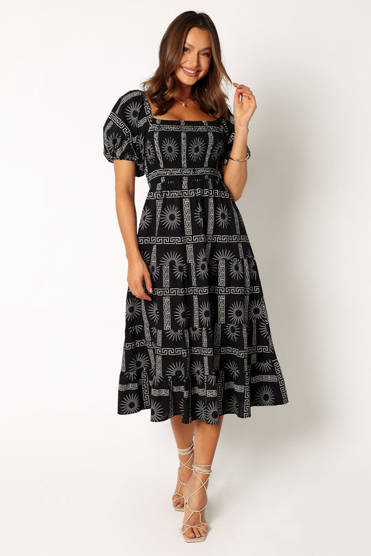 Soliel Puff Sleeve Midi Dress - Black Tan - Petal & Pup USA