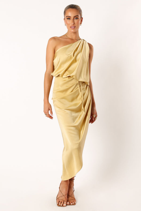 Petal and Pup USA DRESSES Sonny One Shoulder Midi Dress - Mustard