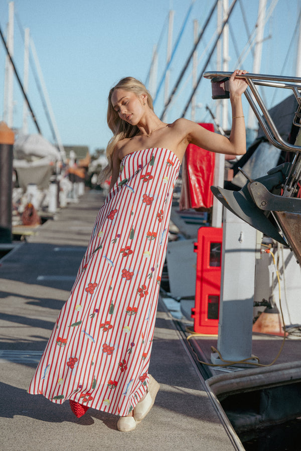 Petal and Pup USA DRESSES Soph Strapless Maxi Dress - Red Picnic Stripe