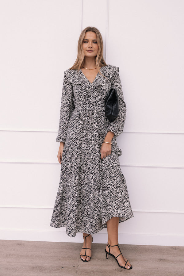 Petal and Pup USA DRESSES Sophie Long Sleeve Maxi Dress - Black/Ivory (Hold for Rack)