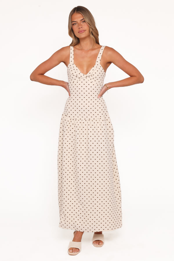 Petal and Pup USA DRESSES Sophina Midi Dress - Brown Polka Dot
