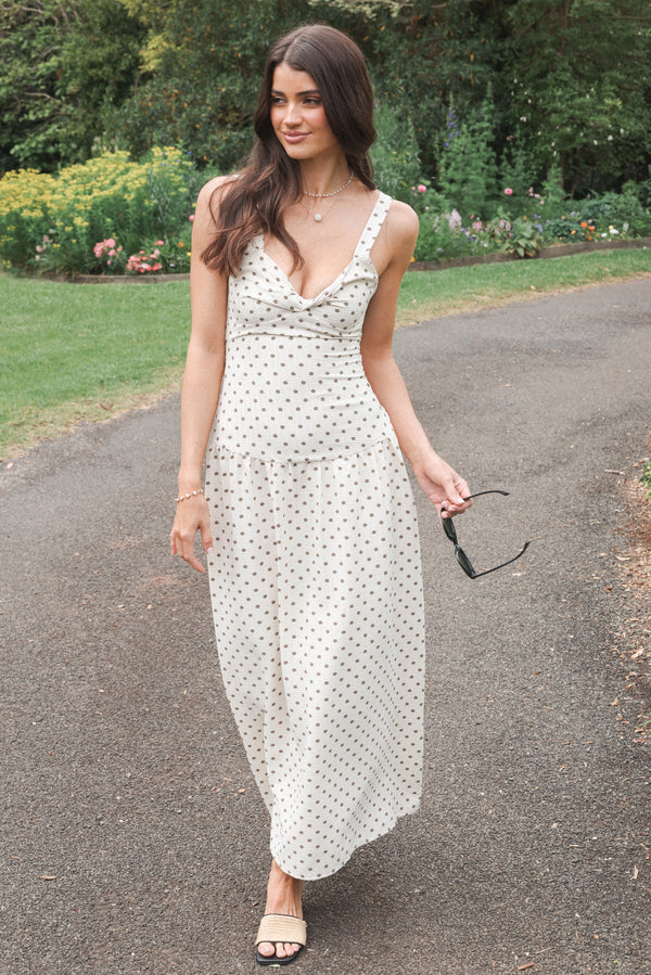 Petal and Pup USA DRESSES Sophina Midi Dress - Brown Polka Dot