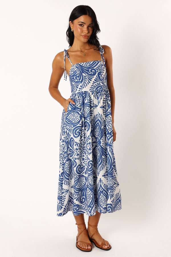 Petal and Pup USA DRESSES Stazie Midi Dress - Blue White Print