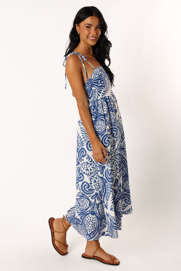 Petal and Pup USA DRESSES Stazie Midi Dress - Blue White Print