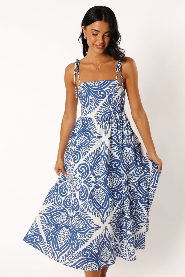 Petal and Pup USA DRESSES Stazie Midi Dress - Blue White Print