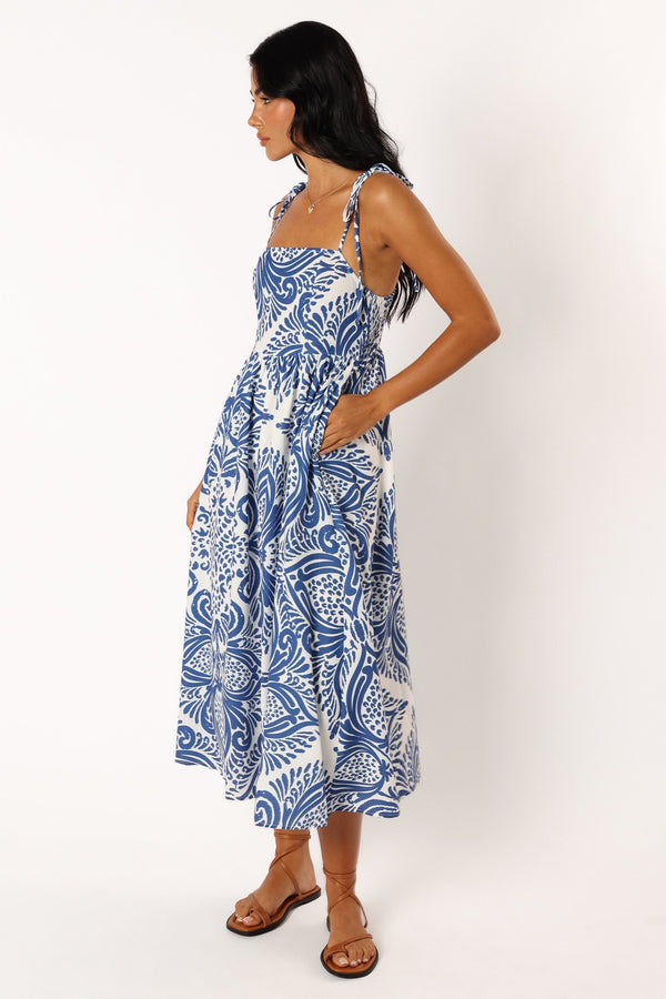 Petal and Pup USA DRESSES Stazie Midi Dress - Blue White Print