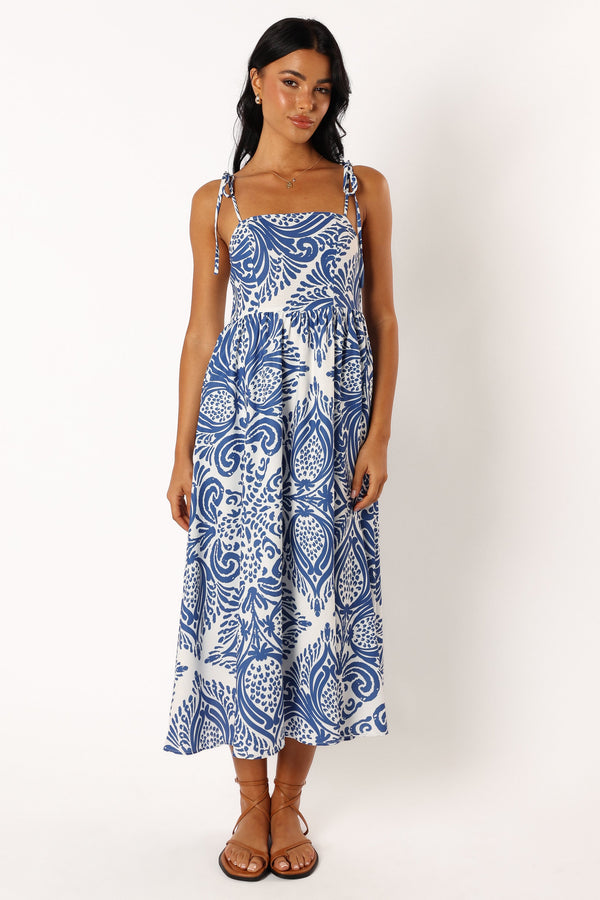 Petal and Pup USA DRESSES Stazie Midi Dress - Blue White Print