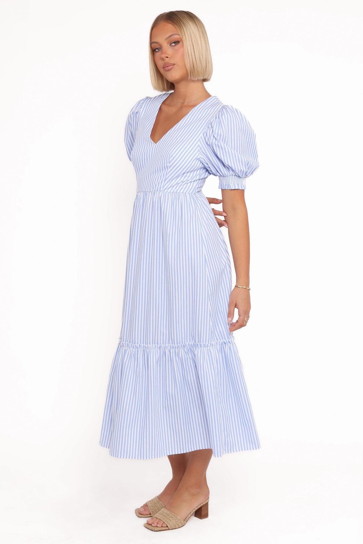 clo stripe puff sleeve midi dress Clo Puff Sleeve Midi Dress - Blue Stripe