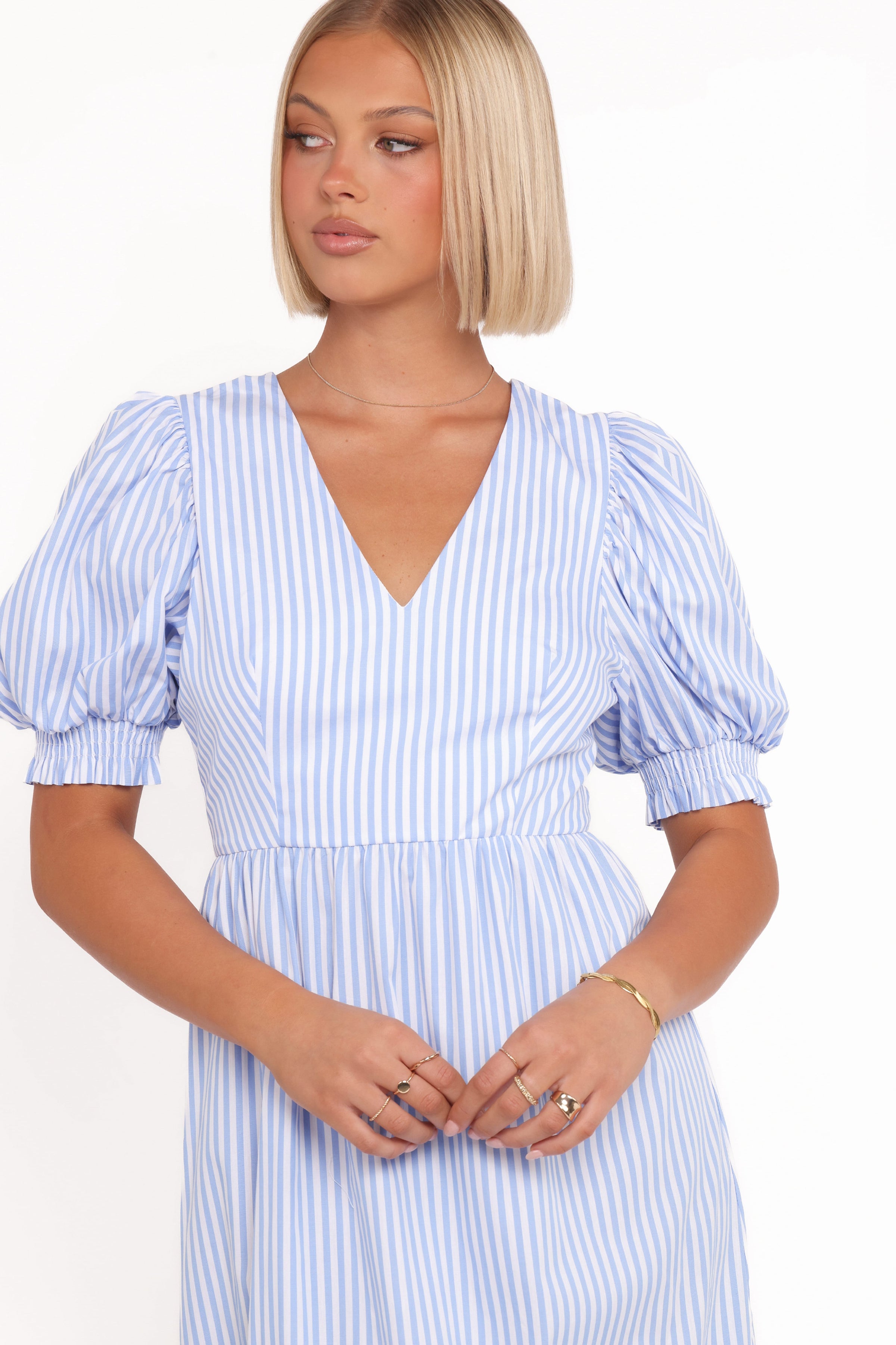 Steele Puff Sleeve Midi Dress - Blue Stripe | Petal & Pup USA Steele Puff Sleeve Midi Dress - Blue Stripe | Petal & Pup USA