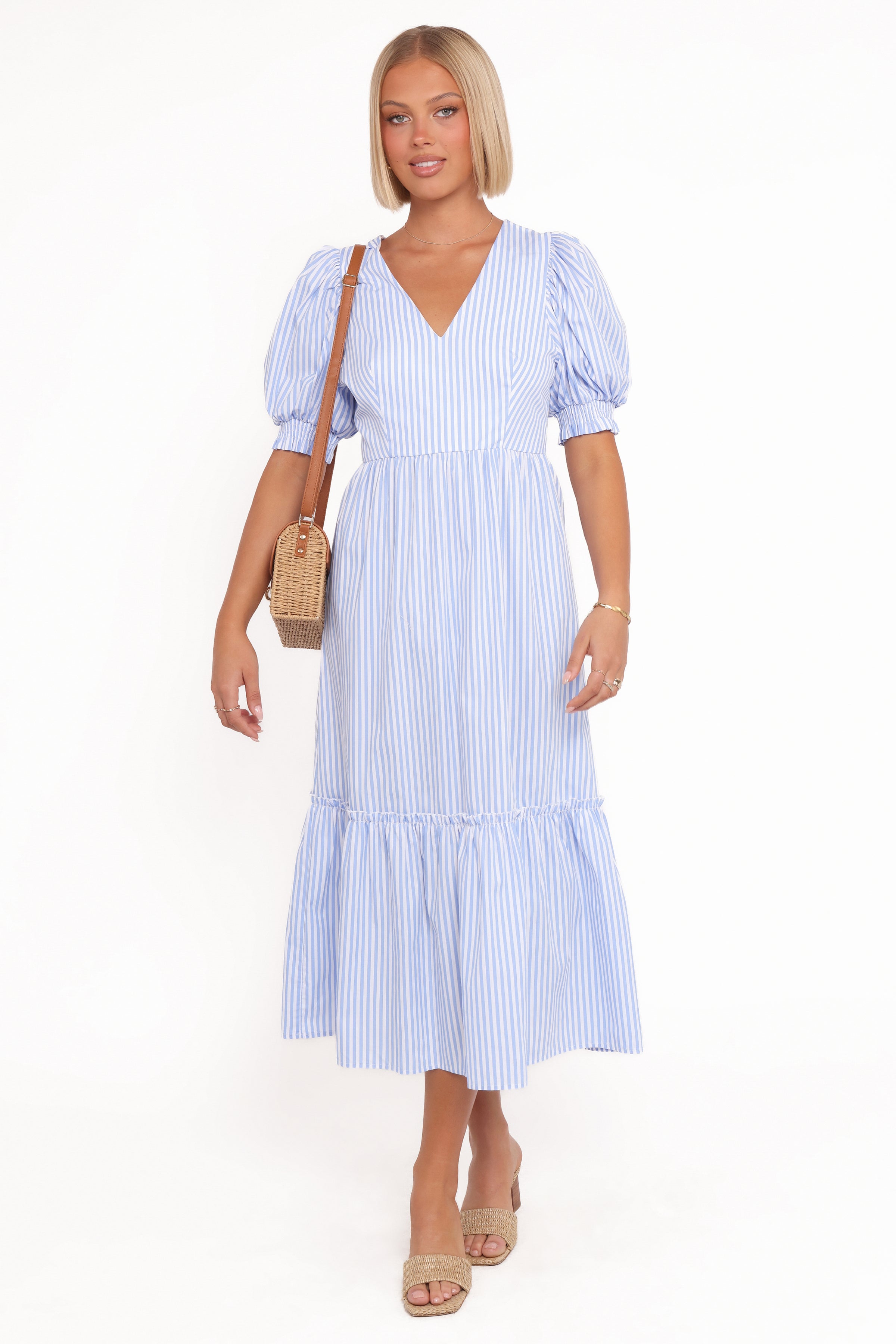 Petal and Pup USA DRESSES Steele Puff Sleeve Midi Dress - Blue Stripe
