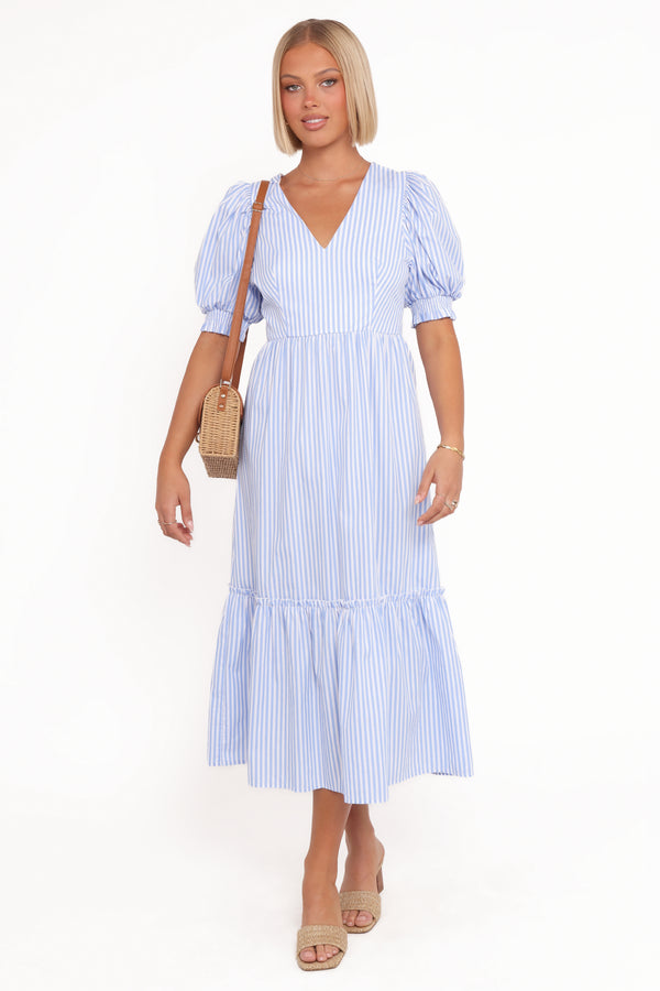 Petal and Pup USA DRESSES Steele Puff Sleeve Midi Dress - Blue Stripe