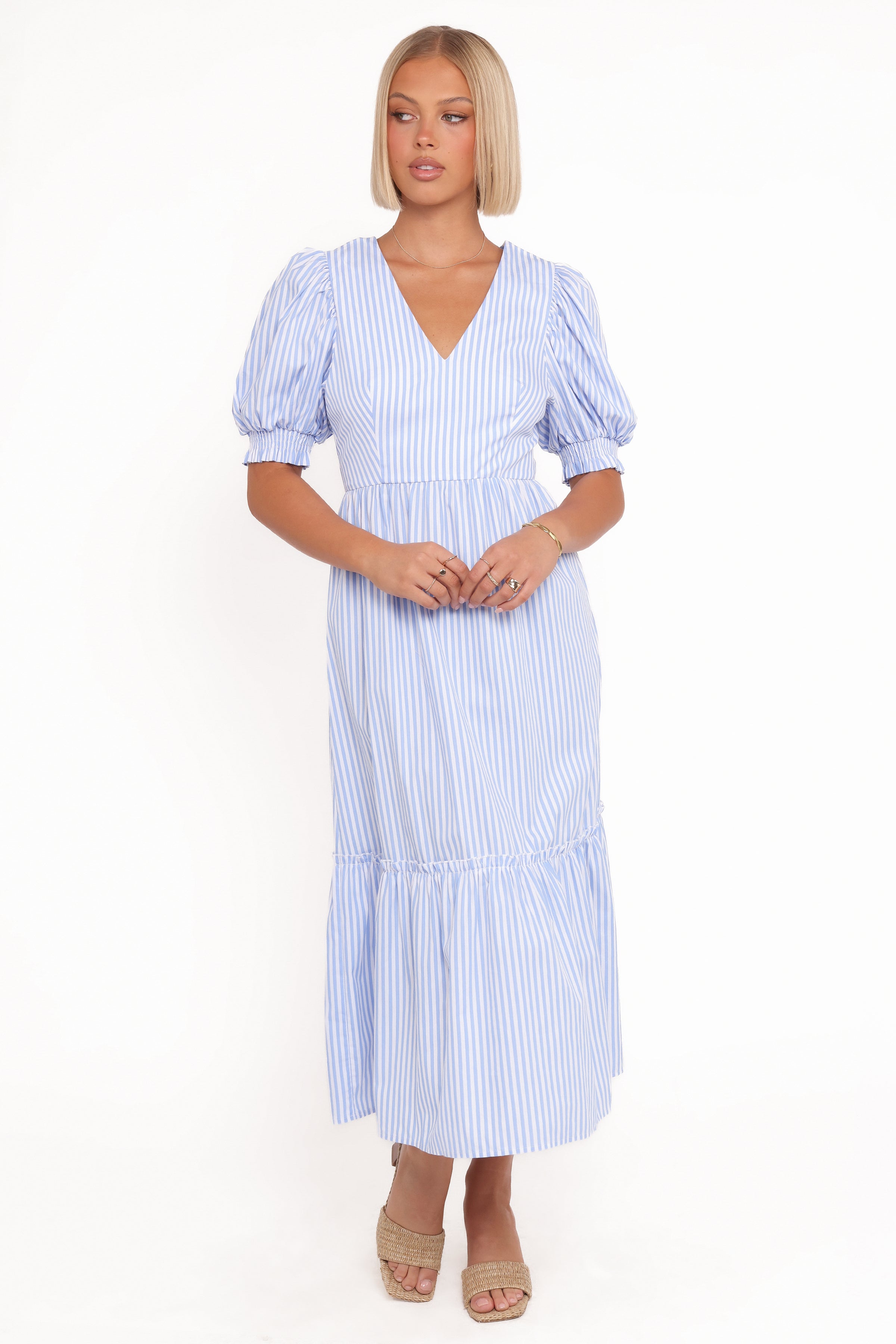 Petal and Pup USA DRESSES Steele Puff Sleeve Midi Dress - Blue Stripe