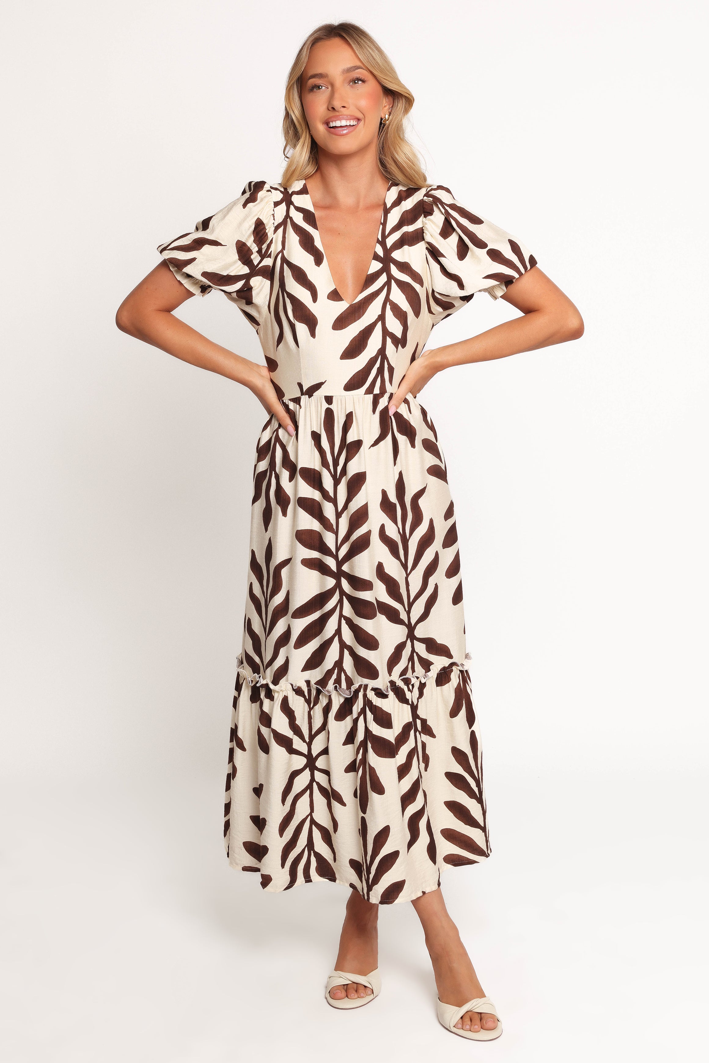 Petal and Pup USA DRESSES Steele Puff Sleeve Midi Dress - Brown Palm