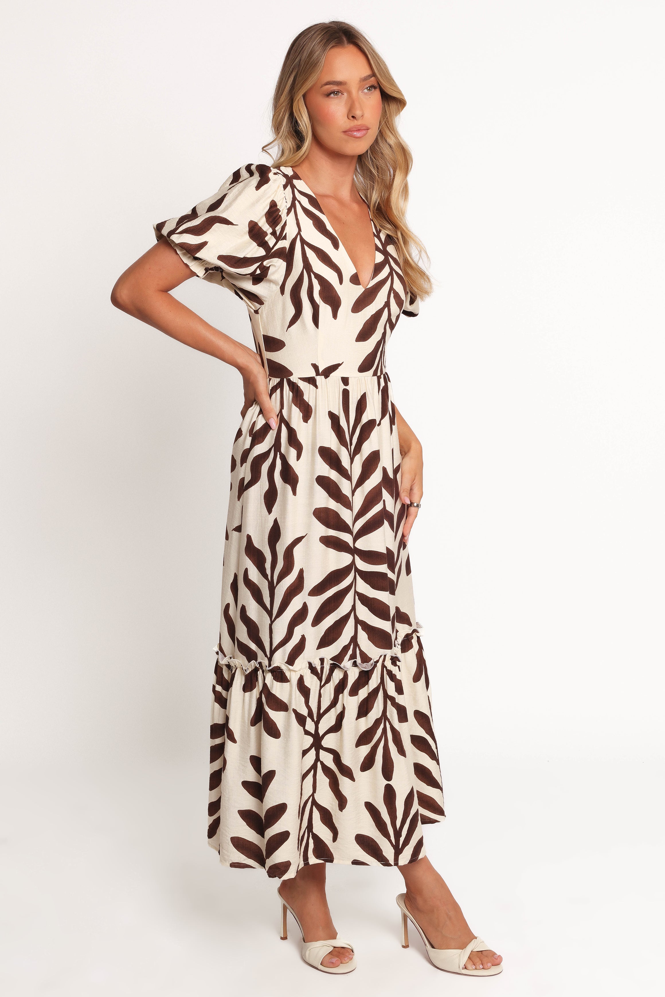Petal and Pup USA DRESSES Steele Puff Sleeve Midi Dress - Brown Palm