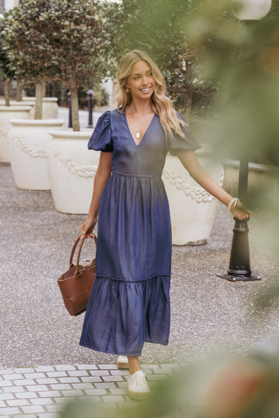 denim puff sleeve dress Steele Puff Sleeve Midi Dress - Dark Denim