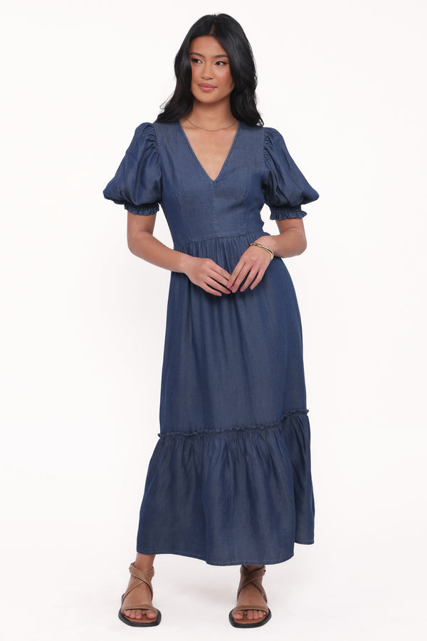 Steele Puff Sleeve Midi Dress - Blue Stripe | Petal & Pup USA Steele Puff Sleeve Midi Dress - Blue Stripe | Petal & Pup USA