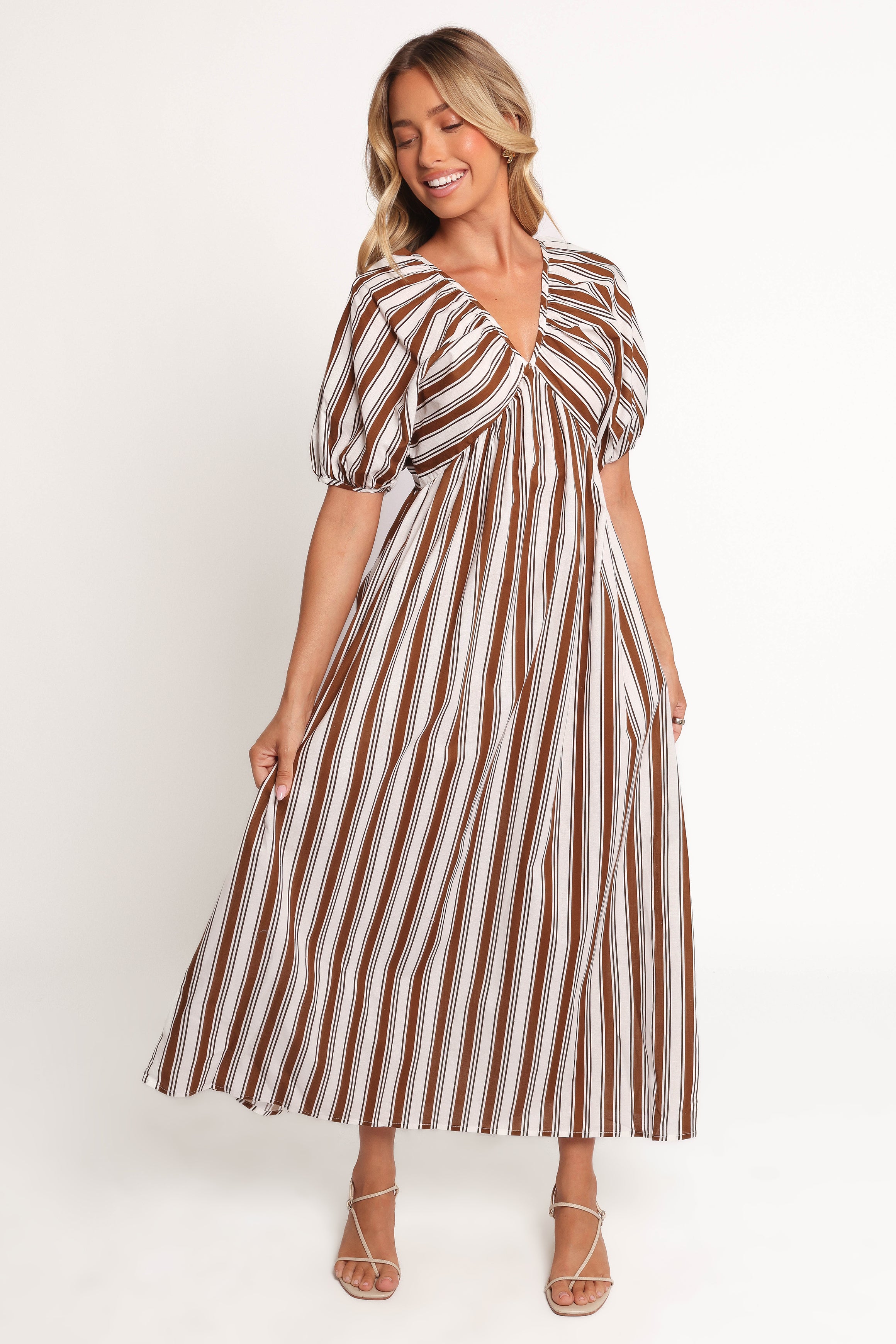 Petal and Pup USA DRESSES Sullivan Puff Sleeve Maxi Dress - Chocolate Stripe (Hold for Amazon)