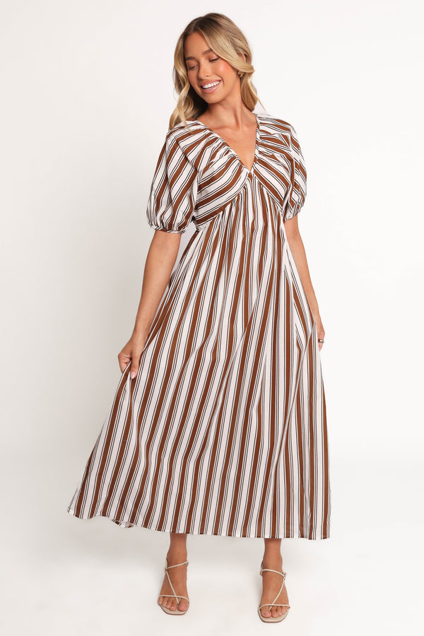 Petal and Pup USA DRESSES Sullivan Puff Sleeve Maxi Dress - Chocolate Stripe (Hold for Amazon)