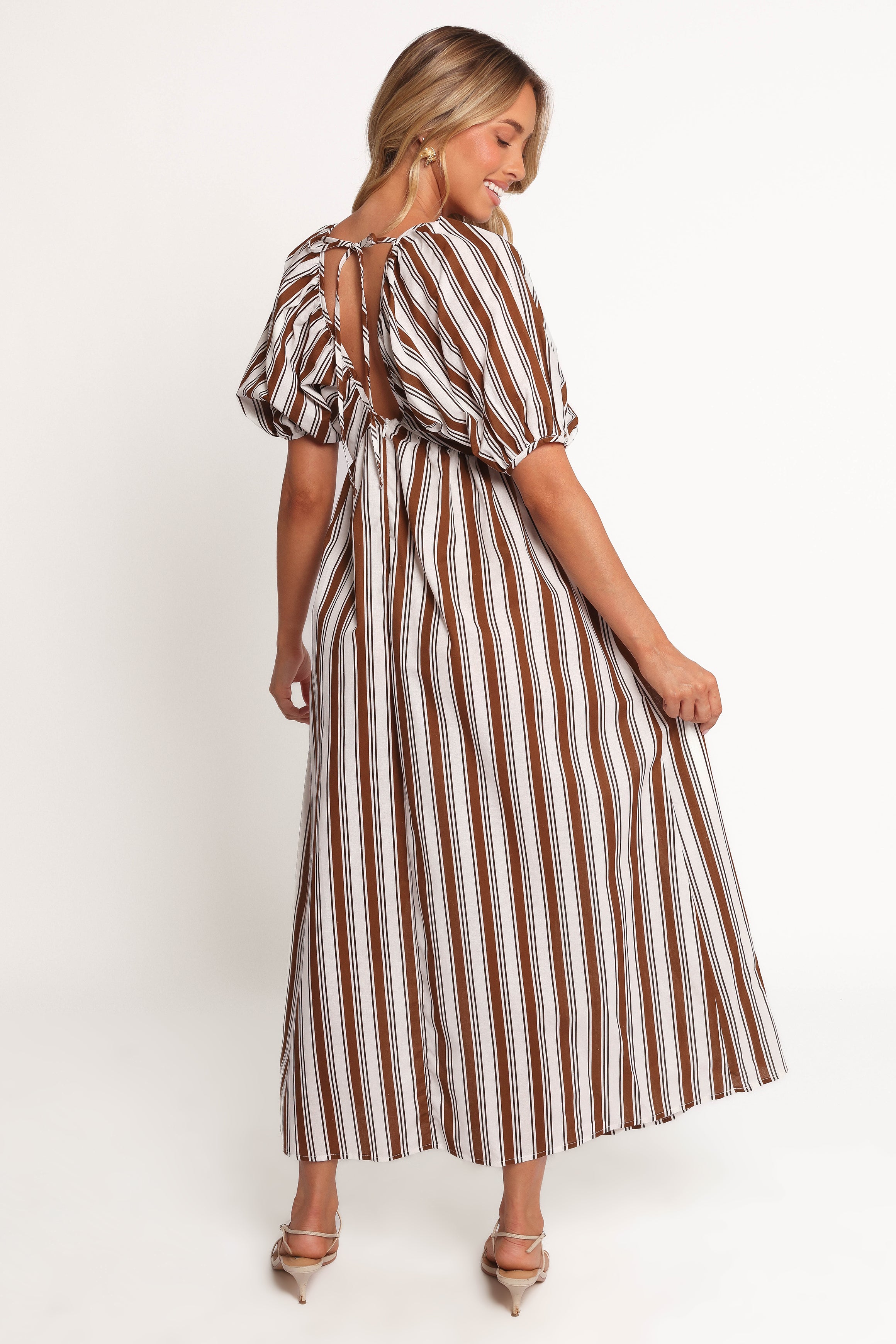 Petal and Pup USA DRESSES Sullivan Puff Sleeve Maxi Dress - Chocolate Stripe (Hold for Amazon)