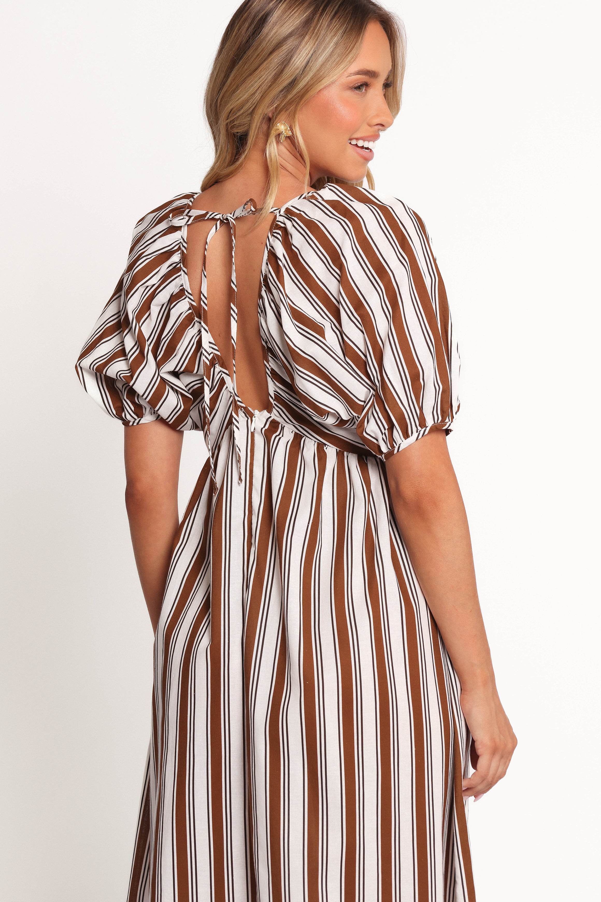 Petal and Pup USA DRESSES Sullivan Puff Sleeve Maxi Dress - Chocolate Stripe (Hold for Amazon)