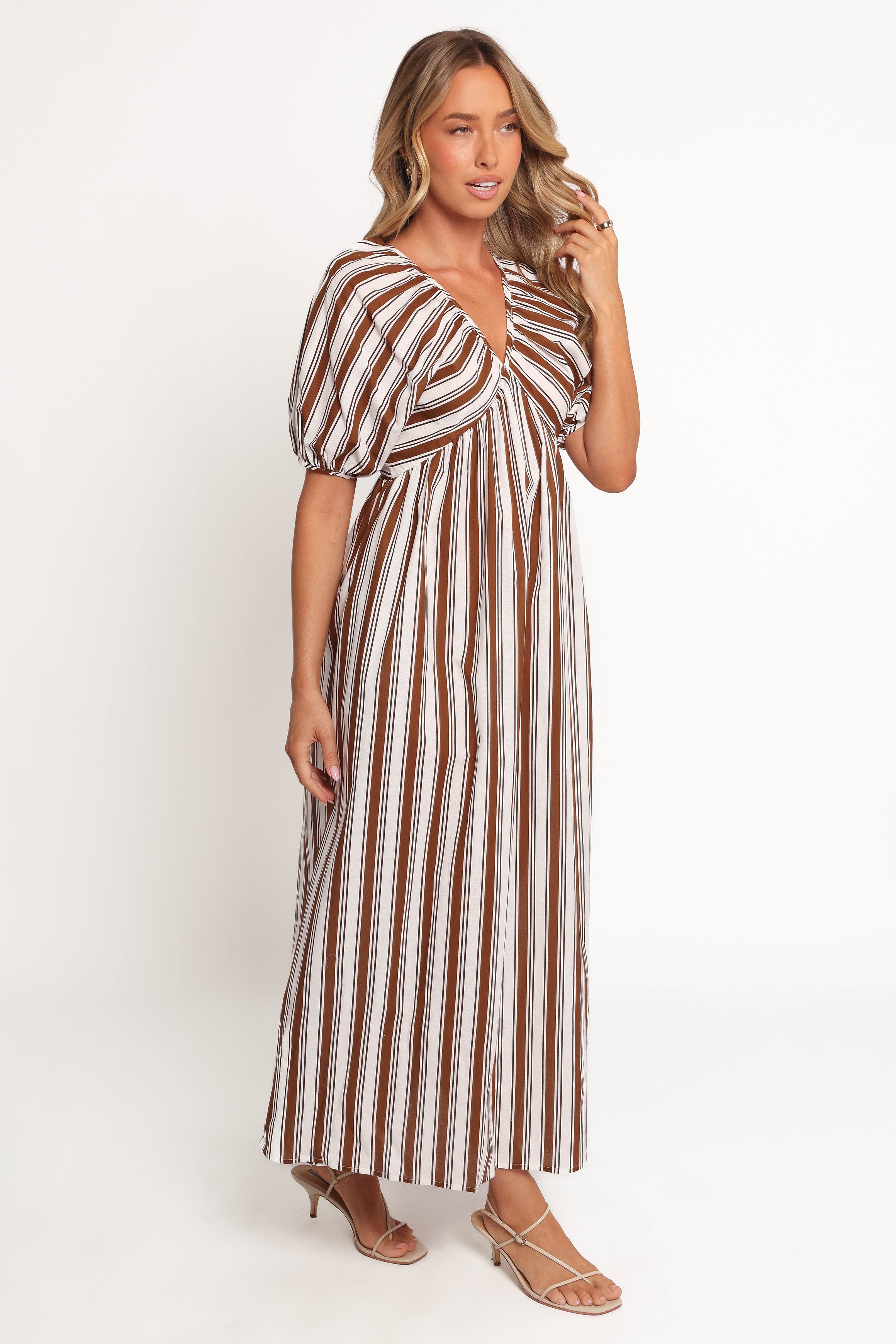 Petal and Pup USA DRESSES Sullivan Puff Sleeve Maxi Dress - Chocolate Stripe (Hold for Amazon)