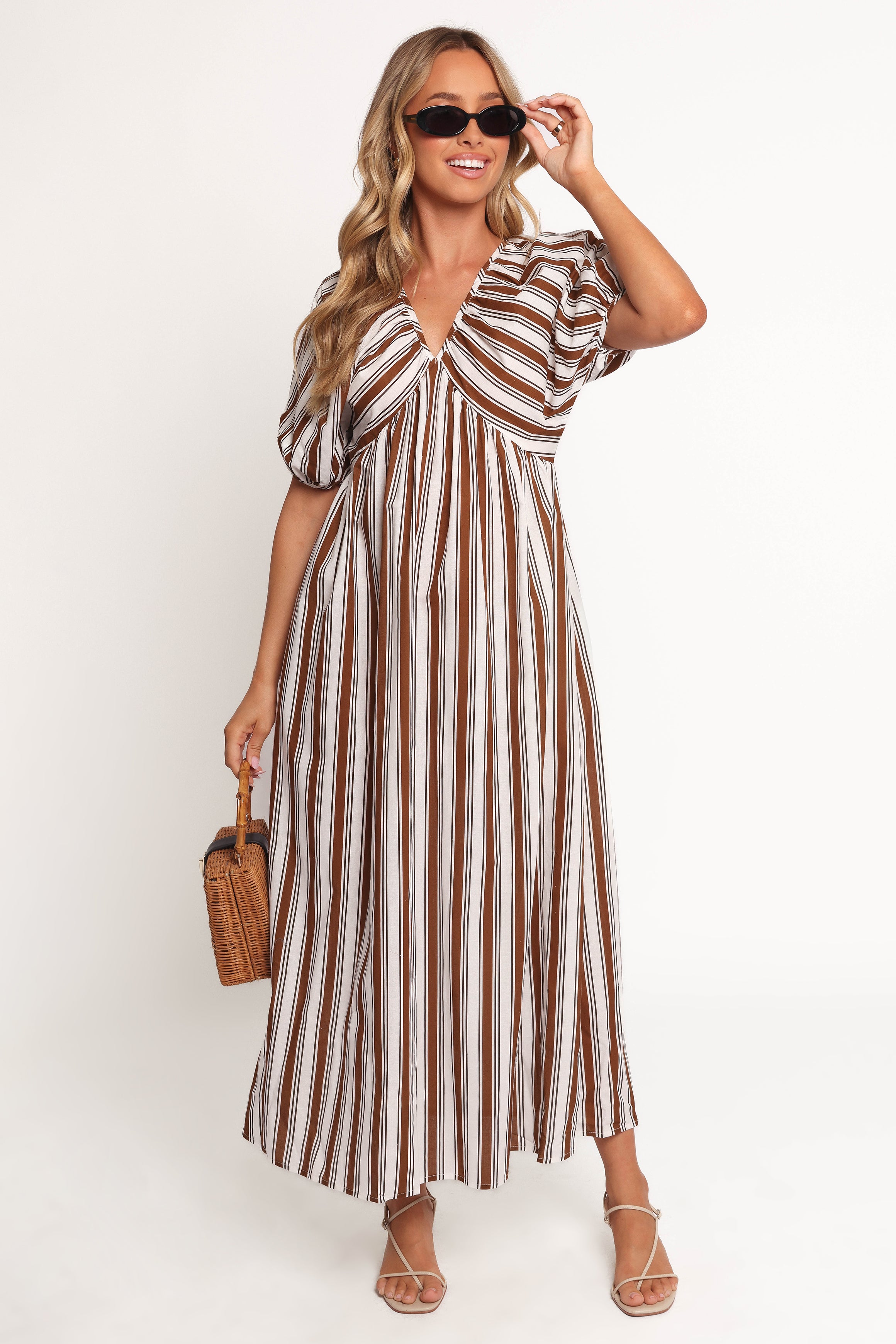 Petal and Pup USA DRESSES Sullivan Puff Sleeve Maxi Dress - Chocolate Stripe (Hold for Amazon)