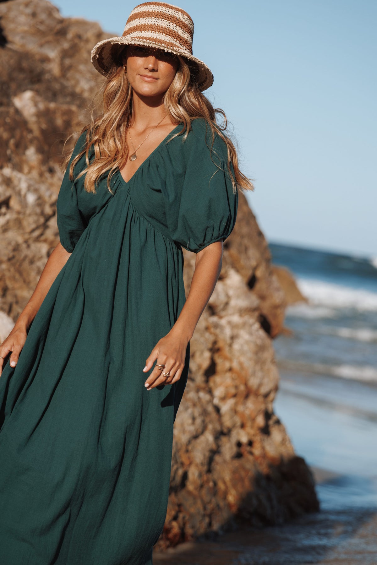 forest green long sleeve maxi dress Sullivan Puff Sleeve Maxi Dress - Forest Green