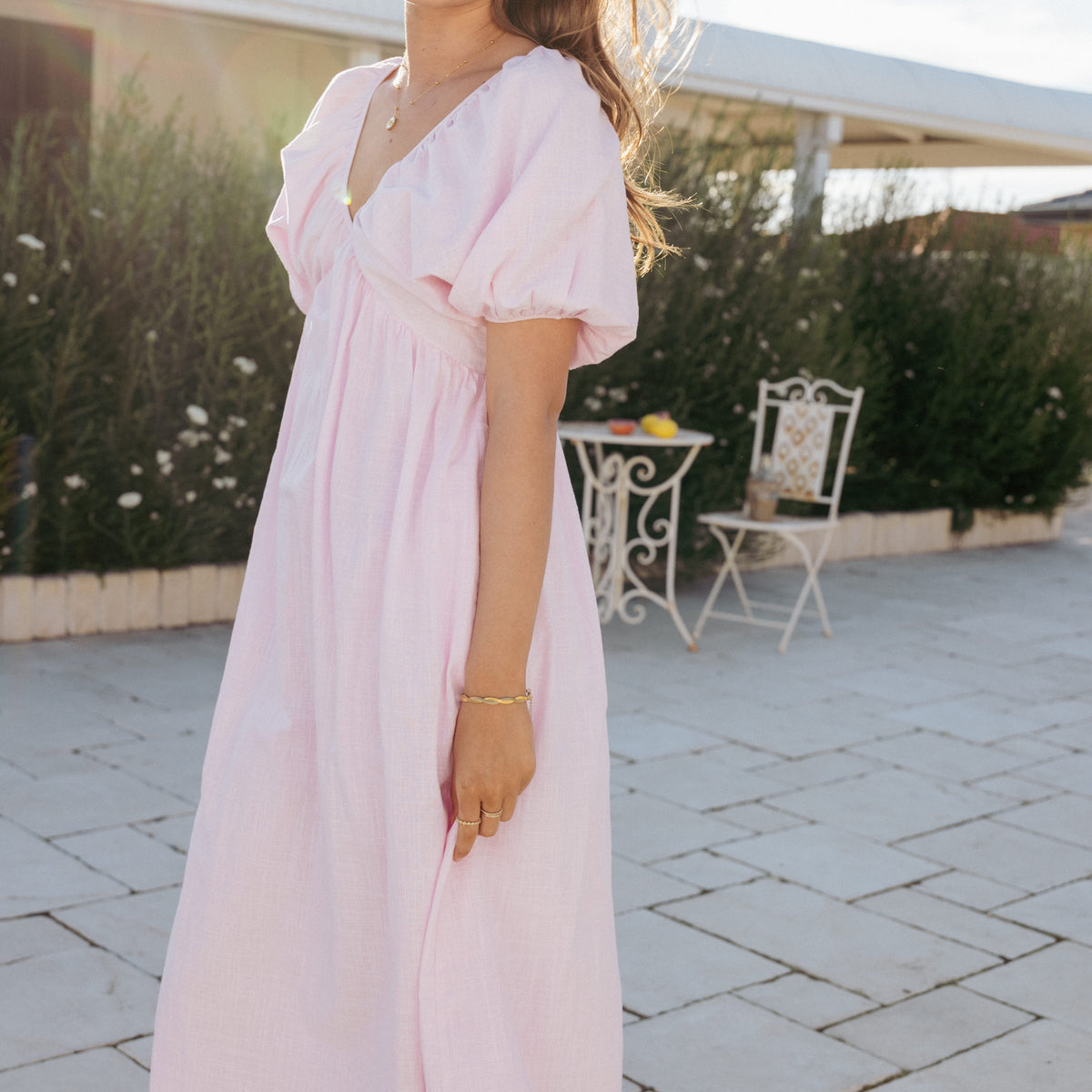 pink long puff sleeve dress pink puff sleeve maxi dress Double Cloth Puff Sleeve Dress-Bright Pink