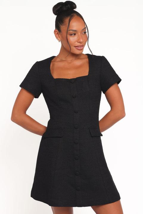 black tweed dress womens Ladyful Womens Tweed Jackie Dress Short Sleeve Elegant Crew Neck Business Party Vintage Button Bodycon Mini Jackie Dress Black at Amazon Women's Clothing store
