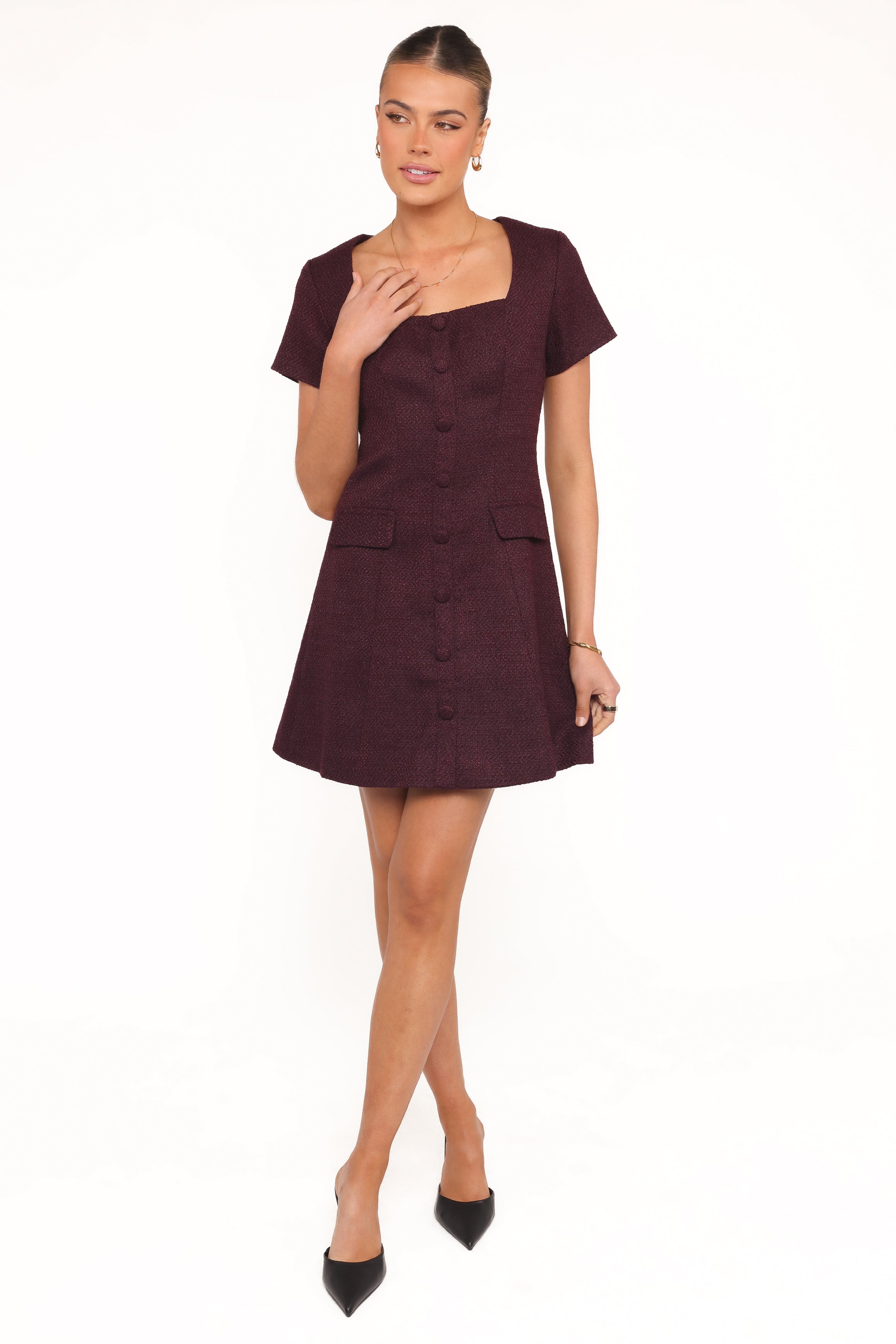 Petal and Pup USA DRESSES Sutton Mini Dress - Plum Tweed