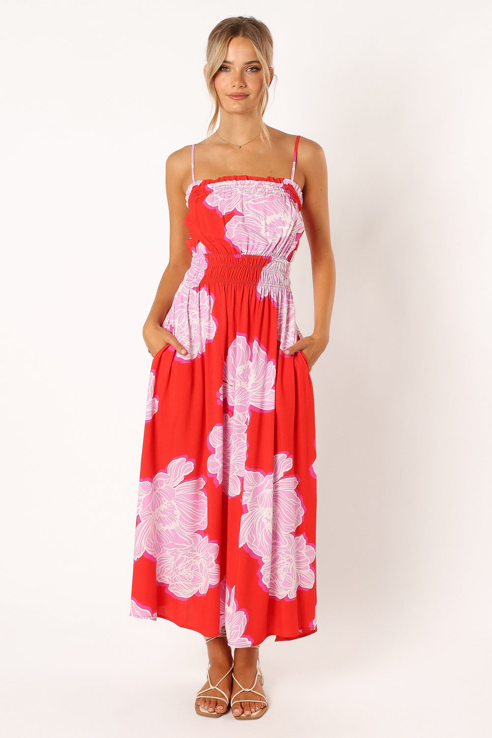 Petal and Pup USA DRESSES Sybel Midi Dress - Red Pink Floral