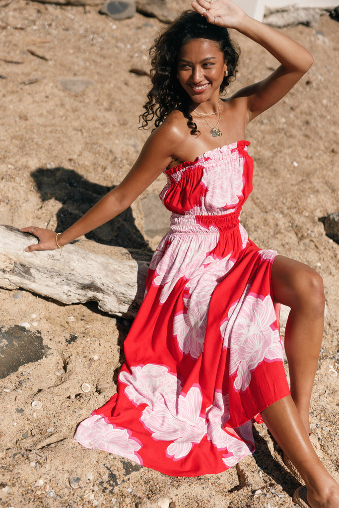 Sybel Midi Dress - Red Pink Floral - Petal & Pup USA